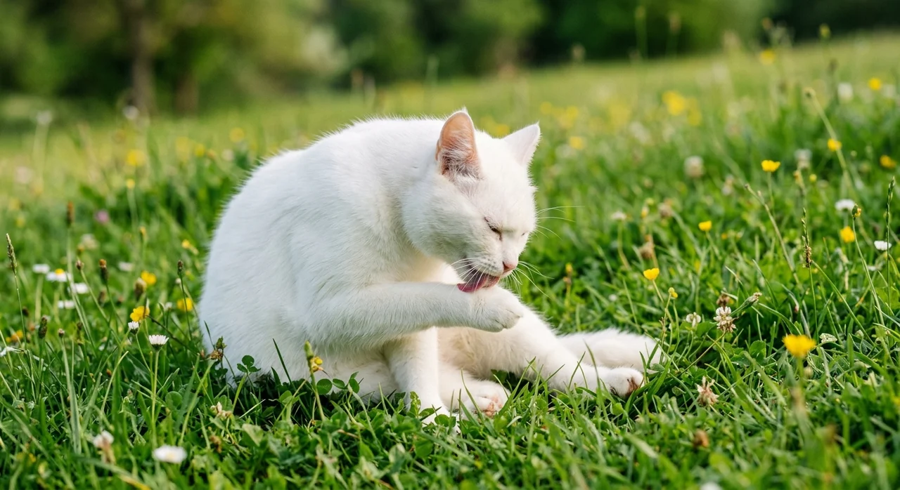 Gemini · White cat in a meadow — watermark removed
