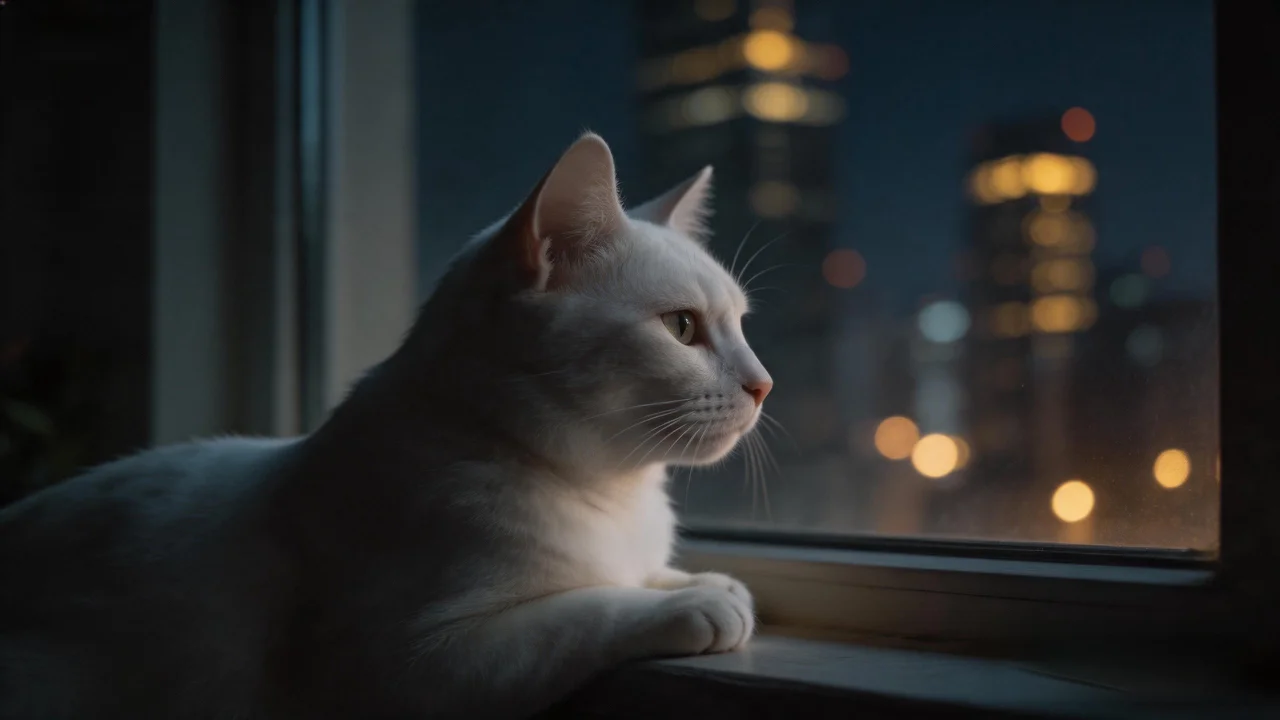 Jimeng · White cat at a city window — watermark removed