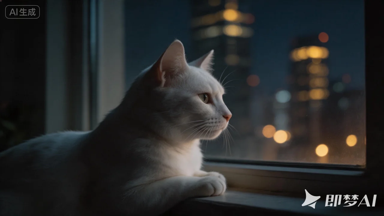 Jimeng · White cat at a city window — original watermarked image